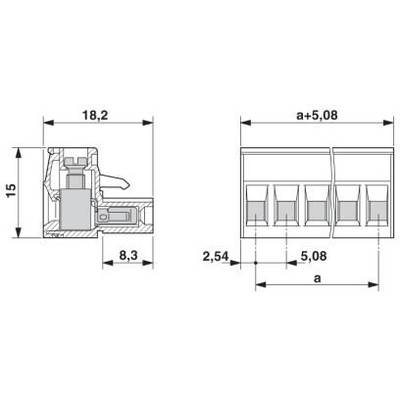 Rysunek techniczny listwy złącza z widokiem bocznym i czołowym. Wymiary: wysokość 15 mm, głębokość 8,3 mm, szerokość 18,2 mm. Kodowanie z rozstawem 2,54 mm i 5,08 mm.