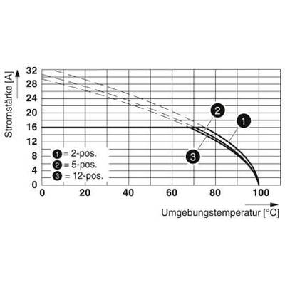 Diagram przedstawia zależność między natężeniem prądu (0-32 A) a temperaturą otoczenia (0-100 °C) dla 3 pozycji (2, 5, 12 pos.).