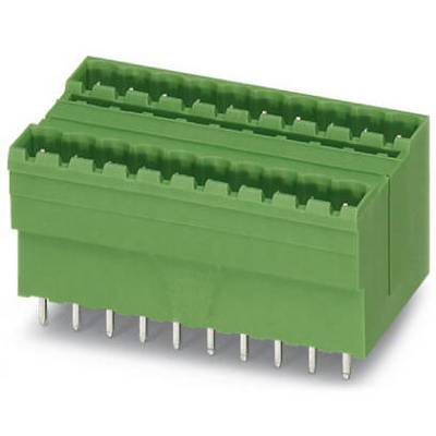 Zielony blok złącza z dwoma rzędami styków przyłączeniowych. Odpowiedni do połączeń elektronicznych lub montażu na płytce drukowanej.