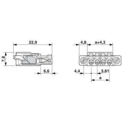 Rysunek techniczny wielobiegunowego złącza elektrycznego z wymiarami: długość 22,9 mm, wysokość 7,8 mm, szerokość 4,4 mm.