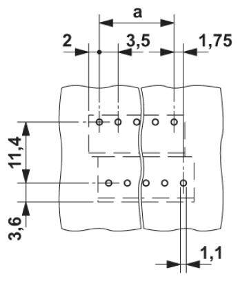 Rysunek techniczny dwóch płyt ułożonych obok siebie. Wymiary: całkowita wysokość 11,4, szerokość 3,6, odległość między otworami 3,5 oraz 1,75.