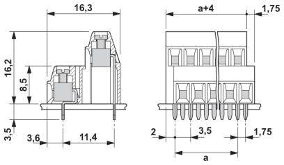 Rysunek techniczny złącza z wymiarami w milimetrach, przedstawiający widok z przodu i z boku oraz pozycję i rozmiar styków.