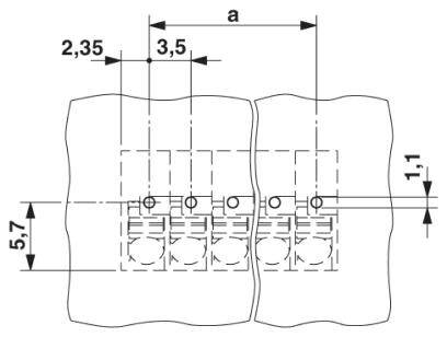 Rysunek techniczny dwóch sąsiadujących prostokątnych form z wymiarowanymi odległościami: 'a', '2,35', '3,5', '1,1', '5,7'.