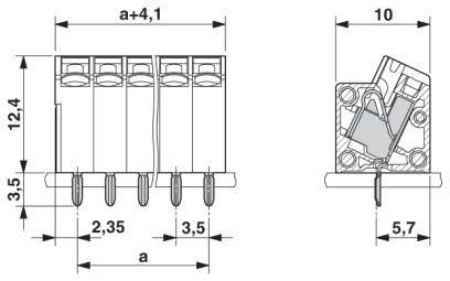 Rysunek techniczny złącza elektrycznego z wymiarami: wysokość 12,4 mm, szerokość 10 mm, różne odległości i podłączenia przewodów.