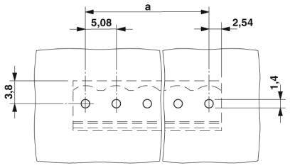 Rysunek techniczny złącza elektronicznego przedstawiający wymiary: szerokość 5,08 mm, rozstaw 2,54 mm, wysokość 3,8 mm.