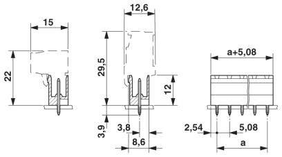 Rysunek techniczny elementu elektronicznego z wymiarami w milimetrach: 15x22x12,6, wysokość 29,5. Piny w rozstawie 2,54.
