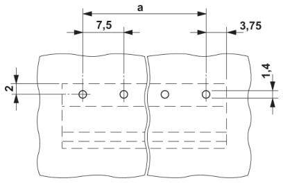 Rysunek techniczny dwóch sąsiadujących obiektów z otworami, wymiarami 'a', '7,5', '3,75', '2', '1,4'.