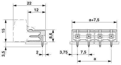 Rysunek techniczny złącza z wymiarami: wysokość 15 mm, szerokość 22 mm, głębokość 12 mm, rozstaw otworów 7,5 mm.