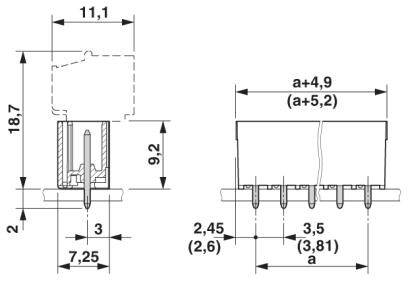 Rysunek techniczny przekaźnika z wymiarami w milimetrach. Przedstawia widok z boku i z przodu wraz z rozstawem pinów i całkowitą wysokością.