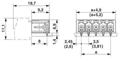 Rysunek techniczny elektrycznego bloku zacisków przyłączeniowych z podanymi wymiarami w milimetrach: wysokość 11,1 mm, szerokość 18,7 mm, głębokość 8 mm.