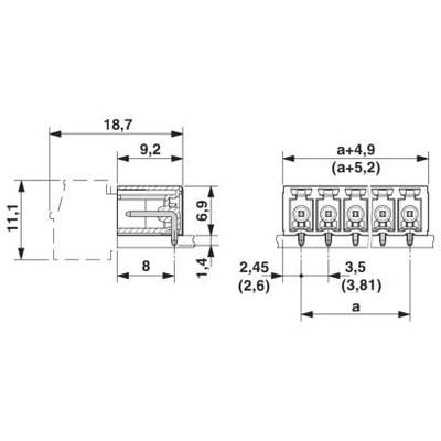 Rysunek techniczny elektrycznego bloku zacisków przyłączeniowych z podanymi wymiarami w milimetrach: wysokość 11,1 mm, szerokość 18,7 mm, głębokość 8 mm.