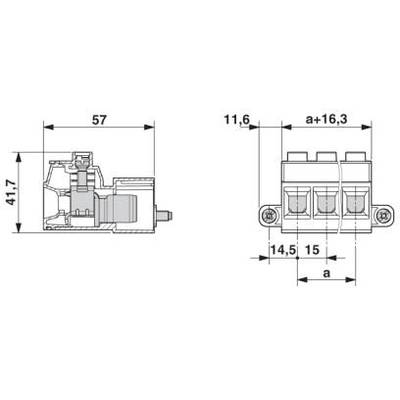 Rysunek techniczny elementu elektrycznego z wymiarami: szerokość 57 mm, wysokość 41,7 mm, głębokość 11,6 mm plus zmienna a+16,3 mm.