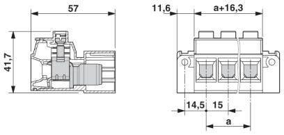 Rysunek techniczny złącza z wymiarami. Szerokość 57 mm, wysokość 41,7 mm, głębokość 11,6 mm. Rozstaw zacisków 14,5 mm i 15 mm.