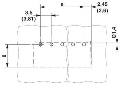 Diagram dwóch prostokątnych obszarów z otworami. Wymiary: szerokość 3,5 cm, wysokość 8 cm, odległość między otworami zmienna.