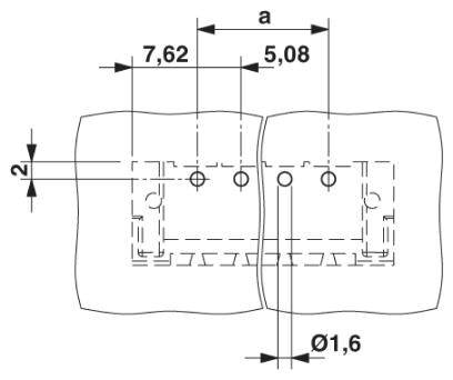 Rysunek techniczny dwóch połączonych elementów z wymiarami: 7,62 mm, 5,08 mm, odległość 'a', wysokości 2 mm, średnica 1,6 mm.