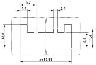 Rysunek techniczny części mechanicznej z wymiarami: szerokość 9,7, wysokość 13,5 oraz szczegółowe wymiary 2,4 i 4,4 milimetra.