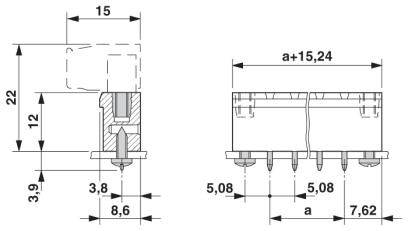 Rysunek techniczny złącza elektronicznego z wymiarowaniem: z lewej strony widok z boku, z prawej widok z góry z rozstawem pinów.