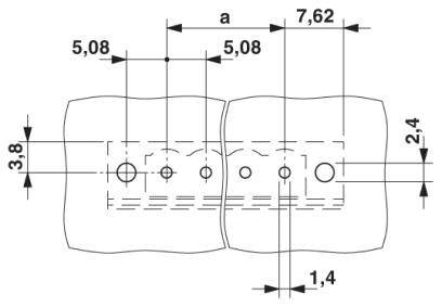 Rysunek techniczny elementu łączącego z wieloma wymiarami, w tym 5,08, 7,62, 2,4, 3,8 i 1,4 mm.