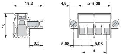 Rysunek techniczny złącza. Po lewej: widok z boku z wymiarami. Po prawej: widok z przodu z przyłączami śrubowymi, przedstawionymi wymiarami.