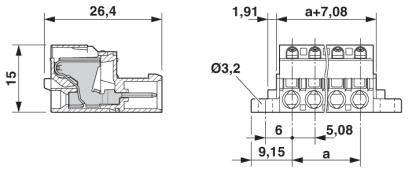 Rysunek techniczny złącza z wymiarami: szerokość 26,4 mm, wysokość 15 mm, średnica otworu 3,2 mm, rozstaw 5,08 mm.