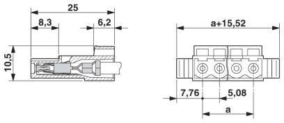 Rysunek techniczny złącza z wymiarami: 10,5 mm wysokości, 25 mm długości, 8,3 mm i 6,2 mm szerokości.