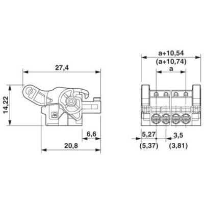 Rysunek techniczny złącza z wymiarami: 27,4 x 14,22 mm. Widok mechanizmu i listy przyłączy.