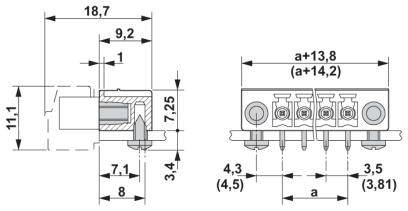 Rysunek techniczny złącza z precyzyjnymi wymiarami: 18,7 mm szerokości, 11,1 mm wysokości, 9,2 mm głębokości. Widok z przodu i z boku.