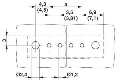Rysunek techniczny dwóch połączonych elementów metalowych z wymiarami: odległość 'a', otwory Ø2,4 i Ø1,2, odległości 4,3, 3,5 i 6,9 mm.