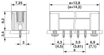 Rysunek techniczny wtyczki z wymiarami: szerokość 7,25 mm, wysokość 9,2 mm, różne rozstawy pinów, całkowita szerokość 13,8 mm.