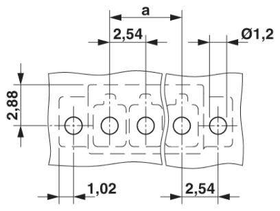 Rysunek techniczny elementu z czterema kołami ustawionymi w jednym rzędzie. Wymiary: rozstaw 2,54 mm, średnica 1,2 mm, wysokość 2,88 mm.