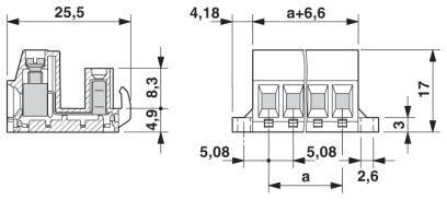 Rysunek techniczny złącz elektrycznych z podanymi wymiarami w milimetrach. Główne wymiary: 25,5 mm szerokości, 3 mm wysokości podstawy.