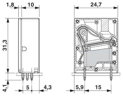Rysunek techniczny elementu elektronicznego, widok z boku i z przodu z dokładnymi wymiarami w milimetrach.