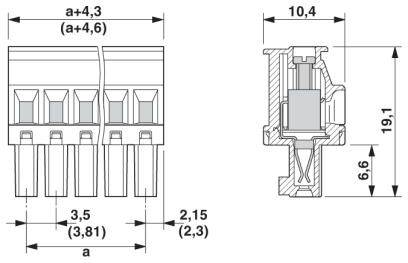 Rysunek techniczny złącza czteropinowego z wymiarami: szerokość 10,4 mm, wysokość 19,1 mm, odległość między stykami 3,81 mm.