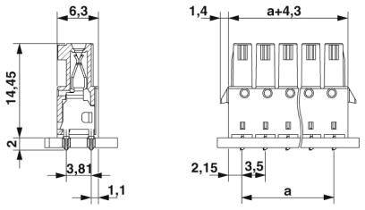 Rysunek techniczny elementu elektronicznego z wymiarami: wysokość 14,45 mm, szerokość 3,81 mm, odstęp 6,3 mm, z przewodem z boku.