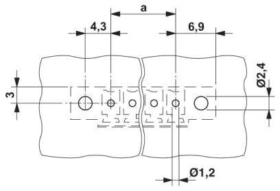 Rysunek techniczny obiektu z wymiarami. Zawiera szczegóły dotyczące rozmiarów i odległości otworów, np. 'Ø2,4', 'Ø1,2', '4,3', '6,9'.