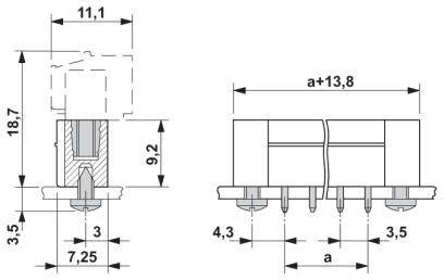 Rysunek techniczny elementu elektronicznego z wymiarami. Po lewej: wysokość 18,7 mm, szerokość 11,1 mm. Po prawej: szerokość 'a+13,8' mm.