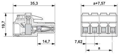 Rysunek techniczny złącza z wymiarami: szerokość 35,3 mm, wysokość 19,7 mm, głębokość 14,7 mm, skok 7,62 mm, długość a+7,57 mm.