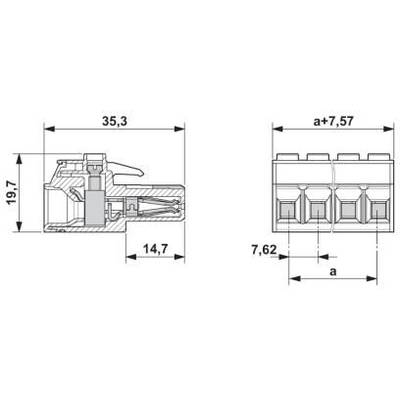 Rysunek techniczny złącza z wymiarami: szerokość 35,3 mm, wysokość 19,7 mm, głębokość 14,7 mm, skok 7,62 mm, długość a+7,57 mm.