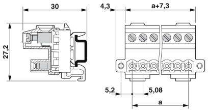Rysunek techniczny bloku przyłączeniowego z wymiarami elektrycznymi. Po lewej: widok z boku (27,2 x 30 mm). Po prawej: widok z przodu, wymiary montażowe.