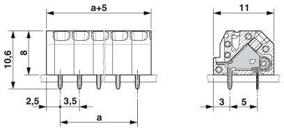 Rysunek techniczny pięciobiegunowej listwy zaciskowej z wymiarami: wysokość 10,6 mm, głębokość 11 mm, szerokość podstawy zmienna (a+5), rozstaw pinów 3,5 mm.