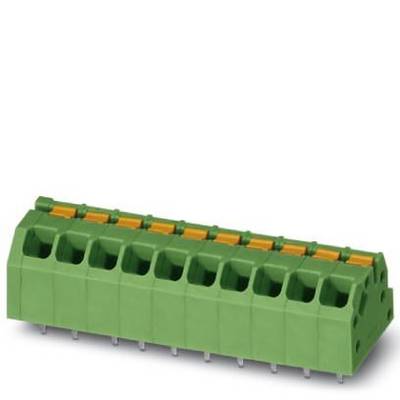 Zielona wielobiegunowa listwa zaciskowa z pomarańczowymi dźwigniami, stosowana do połączeń elektrycznych w urządzeniach elektronicznych.