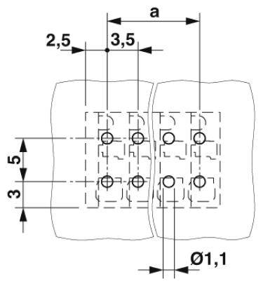 Rysunek techniczny dwóch połączonych elementów z wzorem otworów. Wymiary: rozstaw 2,5 mm, 3,5 mm, średnica otworów 1,1 mm.