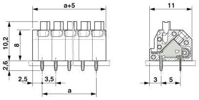 Rysunek techniczny wielobiegunowego złącza elektrycznego z wymiarami: szerokość a+5, wysokość 10,2, głębokość 11; widok szczegółowy z pinami.
