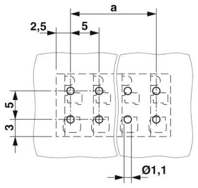 Rysunek techniczny dwóch sąsiadujących kwadratowych siatek z otworami, o wymiarach 2,5, 3, 5, a oraz średnicy otworów Ø1,1.