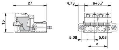 Rysunek techniczny złącza elektrycznego. Wymiary: 27 mm długości i 15 mm wysokości po lewej stronie, po prawej stronie 4,73 mm głębokości, 5,08 mm odstępów.