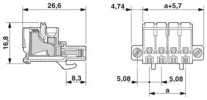 Rysunek techniczny elektrycznego złącza elektrycznego z wymiarami: wysokość 16,8 mm, szerokość 26,6 mm, głębokość 8,3 mm.