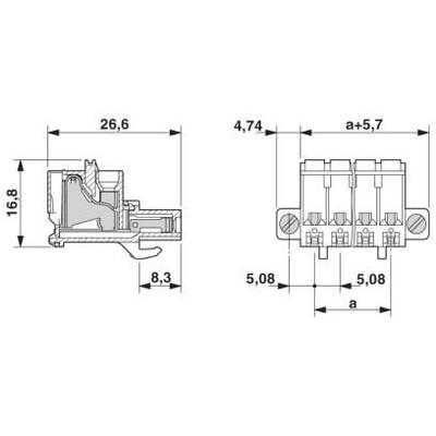 Rysunek techniczny elektrycznego złącza elektrycznego z wymiarami: wysokość 16,8 mm, szerokość 26,6 mm, głębokość 8,3 mm.