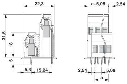 Rysunek techniczny elementu elektronicznego z wymiarami: 31,5 mm wysokości, 22,3 mm szerokości, rozstaw pinów 2,54 mm.