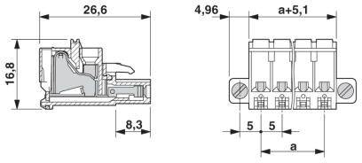 Schemat elektrycznego złącza wtykowego z wymiarami: szerokość 26,6 mm, wysokość 16,8 mm, głębokość 8,3 mm; rozstaw śrub a+5,1 mm.