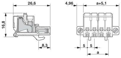 Rysunek techniczny złącza elektrycznego z wymiarami: wysokość 16,8 mm, szerokość 26,6 mm, głębokość 8,3 mm, odległość między stykami 5 mm.